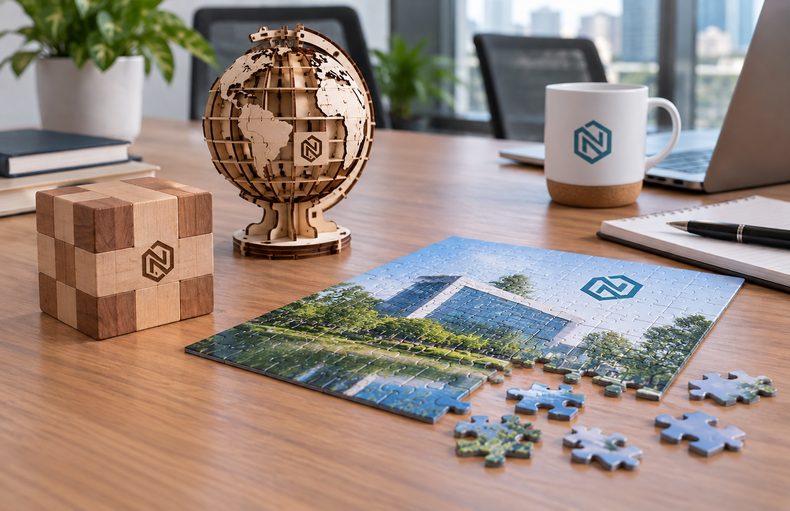 Puzzle d’entreprise personnalisé et casse-têtes en bois sur une table de bureau