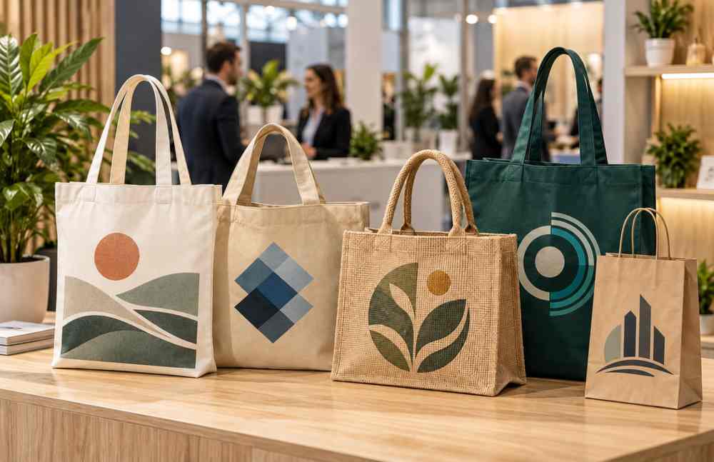 Cinq sacs shopping en tissu, jute et papier avec logos et graphismes d’entreprise variés sur un stand