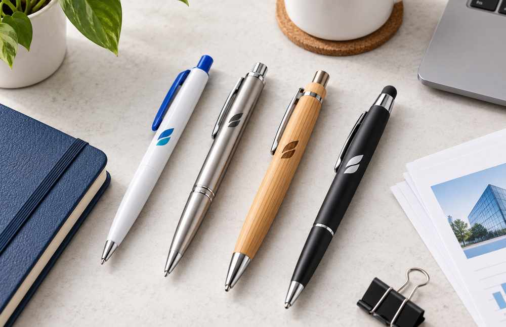 Stylos personnalisés avec logo de différents modèles sur un bureau