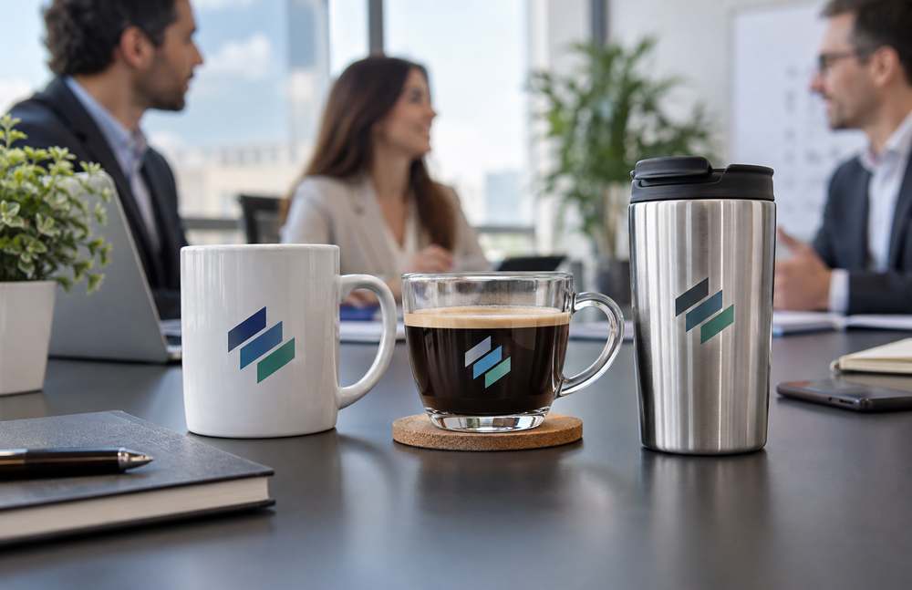 Mugs personnalisés avec logo d’entreprise sur une table de réunion