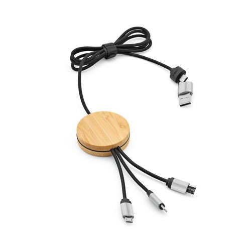 FEYNMAN - Câble de charge 5-en-1 bambou/rPET, logo lumineux
