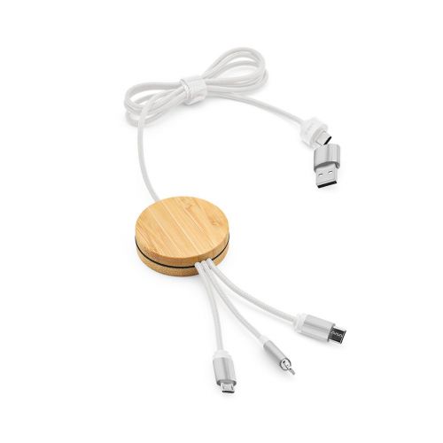 FEYNMAN - Câble de charge 5-en-1 bambou/rPET, logo lumineux