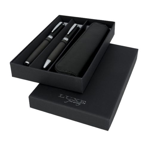 CARBON -Parure de stylos bille et roller avec étui (encre noire)