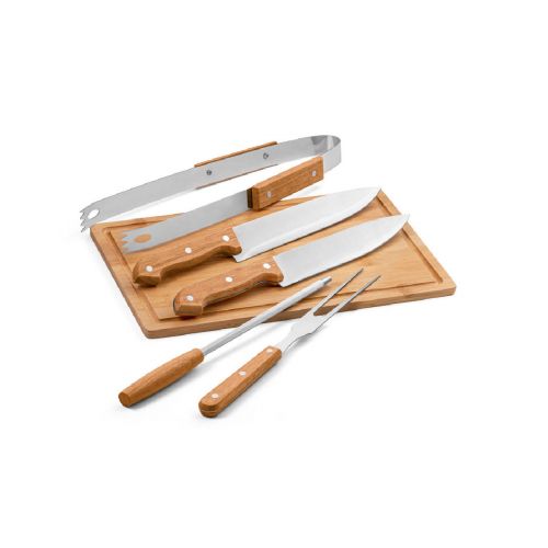 FLARE - Ensemble de 5 pièces pour barbecue en bois et acier inoxydable et une planche de bambou