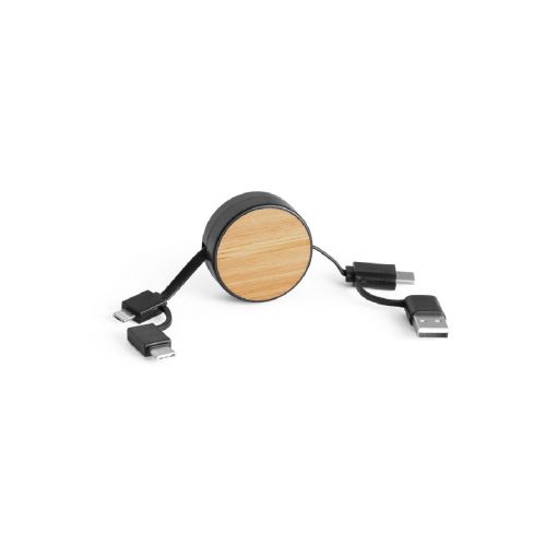 RUBINS - Câble USB rétractable 6 en 1 en ABS recyclé (100 % rABS) et bambou