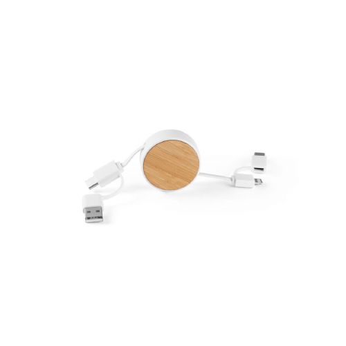 RUBINS - Câble USB rétractable 6 en 1 en ABS recyclé (100 % rABS) et bambou