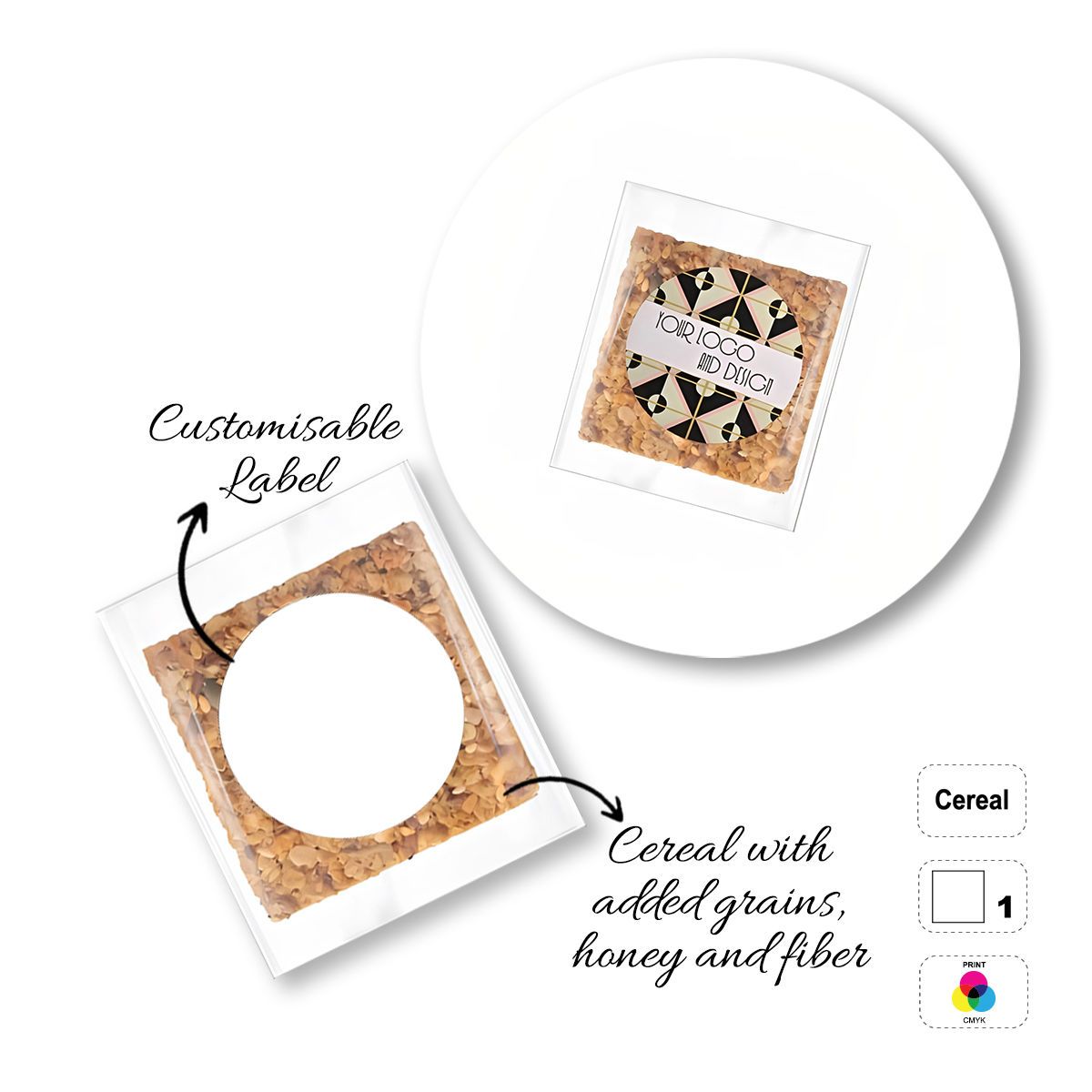 CEREAL4MAT - barre de céréales, différentes formes, 65x65 mm (etichetta diametro 50mm) | GL811103G