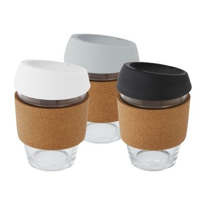 LIDAN -Gobelet de 360 ml en verre borosilicate avec grip en liège et couvercle en silicone
