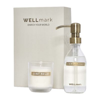 DISCOVERY -Distributeur de savon pour les mains de 250 ml et ensemble de bougies parfumées de 150 g Wellmark - parfum linge fra