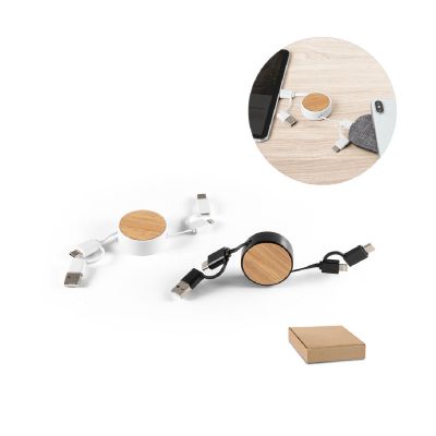 RUBINS - Câble USB rétractable 6 en 1 en ABS recyclé (100 % rABS) et bambou