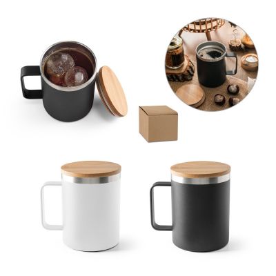 LAUDA - Mug en acier inoxydable recyclé à 90% avec couvercle en bambou