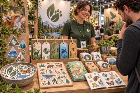 Autocollant et étiquette personnalisés : modèles à motifs naturels sur un stand de salon