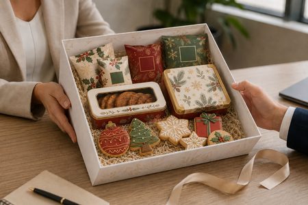 Coffret cadeau de Noël pour entreprise avec biscuits personnalisés