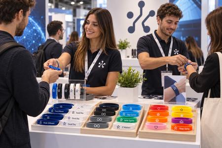 Bracelets en silicone personnalisés distribués sur un stand technologique