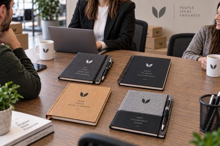 Carnets et cahiers personnalisés posés sur un bureau