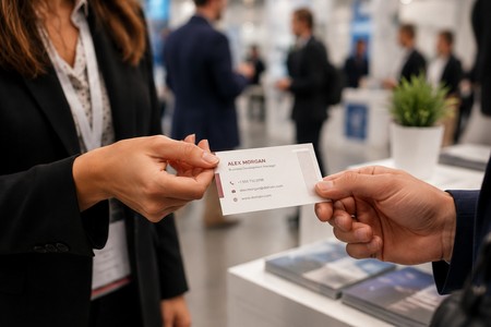 Échange de cartes de visite personnalisées sur un salon professionnel