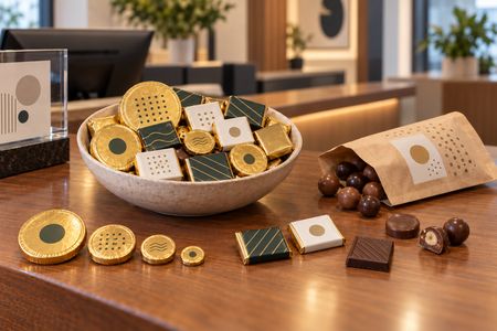 Chocolats personnalisés de différents formats sur un comptoir d’accueil