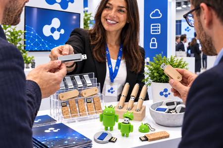 Clés USB personnalisées sur un stand de salon professionnel