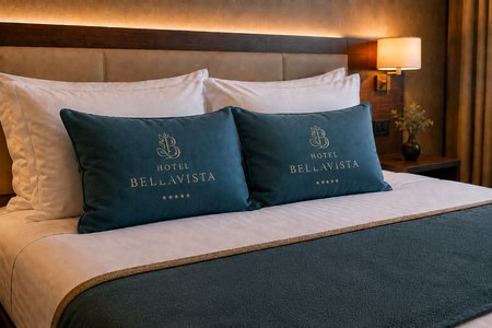 Coussins personnalisés Hotel Bellavista sur un lit d'hôtel