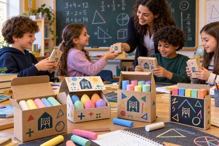 Enfants recevant des craies personnalisées lors d’un cours de mathématiques après l’école.
