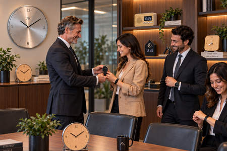 Horloges personnalisées dans un bureau moderne avec montres offertes aux employés