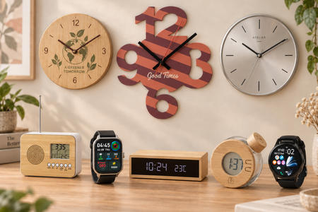 Horloges personnalisées de différents modèles et matériaux sur table et mur