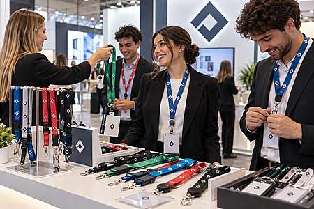 Lanyards personnalisés distribués à une équipe sur un salon