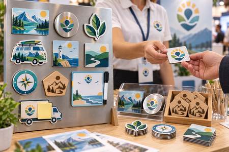 Magnets personnalisés aux motifs coordonnés distribués sur un stand de salon