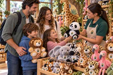 Famille choisissant des peluches publicitaires dans la boutique d’un zoo