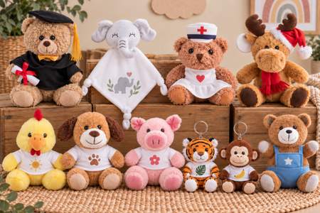 Assortiment de peluches publicitaires représentant divers animaux avec différents marquages