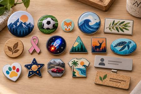 Pin's et badges personnalisées en différentes formes et couleurs avec motifs sportifs, animaliers, marins, montagnards et spatiaux