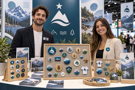 Stand de salon avec deux exposants portant des badges distincts et des présentoirs de pin's personnalisés