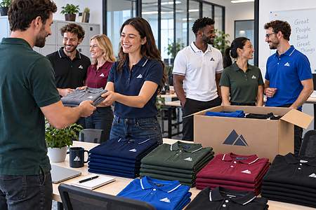 Employés recevant des polos personnalisés en entreprise