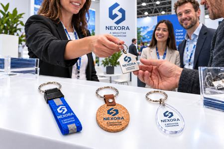 Porte-clés personnalisés avec marquage entreprise distribués sur un salon