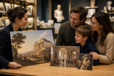 Famille au musée avec puzzles personnalisés de tableaux et monuments