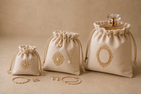 Sachets cadeaux personnalisés en coton avec bijoux et parfum