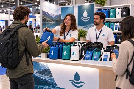 Stand de salon présentant des sacs étanches personnalisés aux visiteurs.