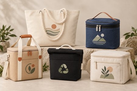 Cinq modèles de sacs isothermes personnalisés en matériaux naturels, aux couleurs et marquages variés.