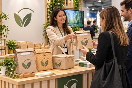 Sacs isothermes personnalisés en matériaux naturels avec un logo identique, distribués sur un stand de salon.