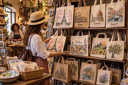 Sacs shopper personnalisés exposés dans une boutique de souvenirs