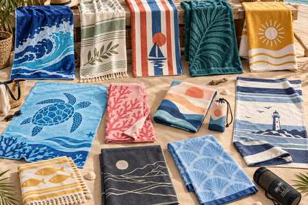 Serviettes de plage personnalisées de différentes couleurs et tailles, avec motifs, franges et pochettes.