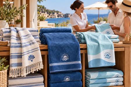 Une employée du complexe hôtelier présente trois modèles de serviettes de plage personnalisées aux clients.