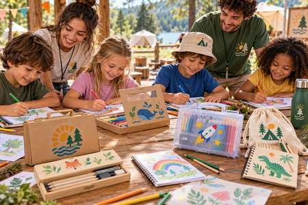 Enfants et animateurs utilisant des produits de la catégorie Set coloriage personnalisé en colonie de vacances