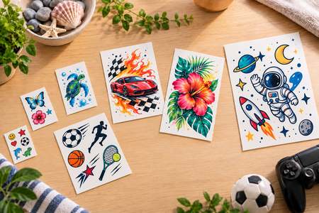 Planches de Tatouage ephemere personnalisé de tailles variées avec sport, voiture, fleur et astronaute
